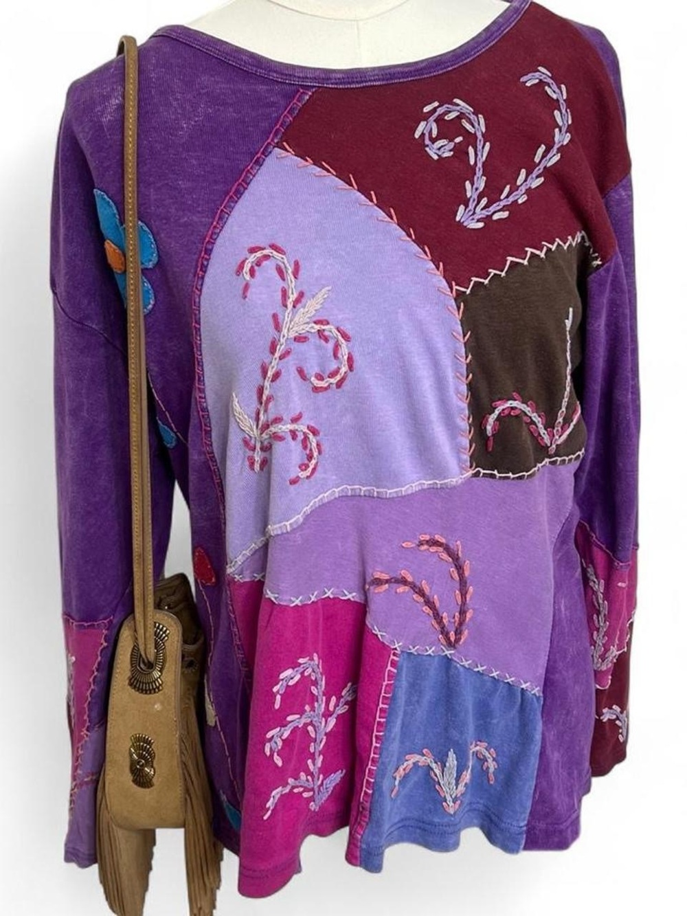 Purple hippie patchwork long sleeve top with floral embroidery nature spiritual